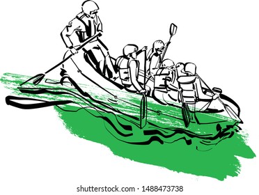 the vector sketch of rafting boat on the river