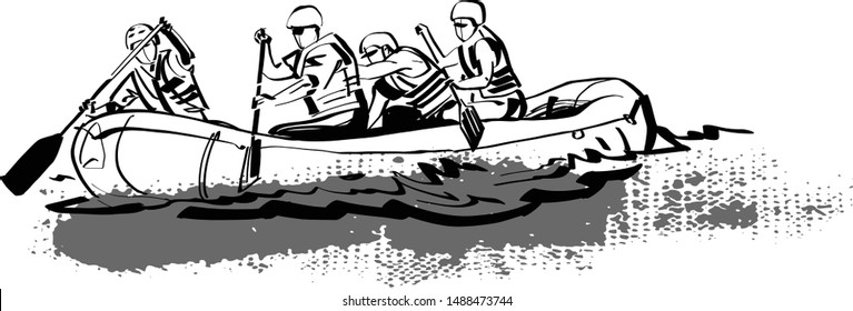 the vector sketch of rafting boat on the river