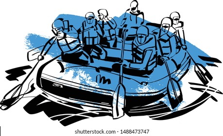 the vector sketch of rafting boat on the river