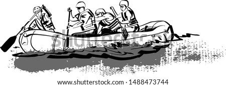 the vector sketch of rafting boat on the river