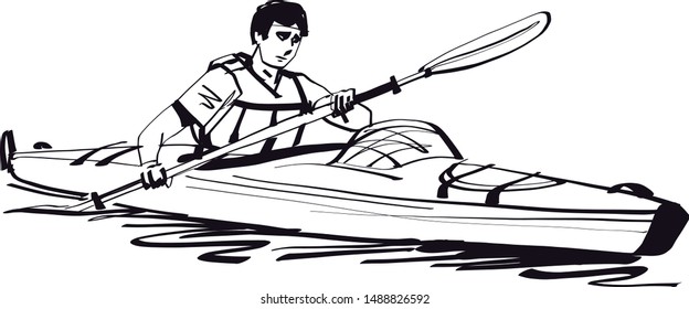 the vector sketch of rafting man on the river