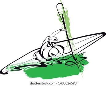 the vector sketch of rafting man on the river