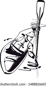 the vector sketch of rafting man on the river