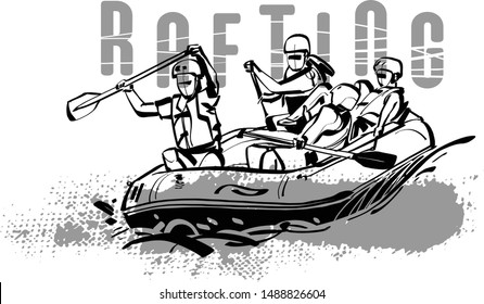 the vector sketch of rafting man on the river