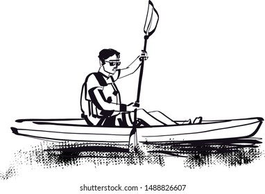 the vector sketch of rafting man on the river