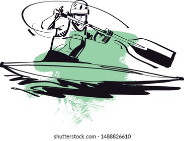 the vector sketch of rafting man on the river