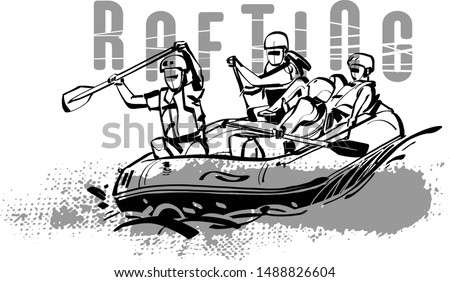 the vector sketch of rafting man on the river