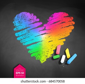 Vector sketch of rainbow colored heart and pieces of chalk with shadow on blackboard background.