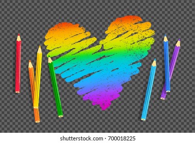 Vector sketch of rainbow colored heart with color pencils on transparency background.