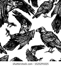 Vector sketch of raven. Illustration of corbie. Seamless pattern