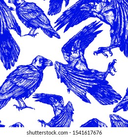 Vector sketch of raven. Illustration of corbie. Seamless pattern
