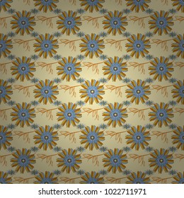 Vector sketch ready for contemporary flat design for poster, invitation, post card, textile design in orange, beige and blue colors. Abstract floral elements seamless pattern.