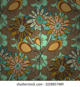 Vector sketch ready for contemporary flat design for poster, invitation, post card, textile design in green, beige and blue colors. Abstract floral elements seamless pattern.