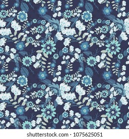 Vector sketch ready for contemporary flat design for poster, invitation, post card, textile design in blue, brown and violet colors. Abstract floral elements seamless pattern.
