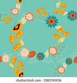 Vector sketch ready for contemporary flat design for poster, invitation, post card, textile design in yellow, beige and blue colors. Abstract floral elements seamless pattern.