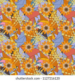 Vector sketch ready for contemporary flat design for poster, invitation, post card, textile design in blue, orange and yellow colors. Abstract floral elements seamless pattern.