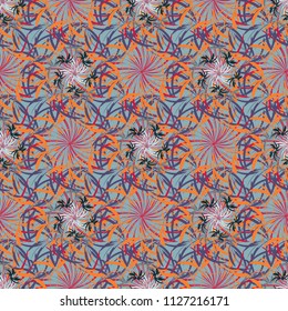 Vector sketch ready for contemporary flat design for poster, invitation, post card, textile design in blue, orange and red colors. Abstract floral elements seamless pattern.