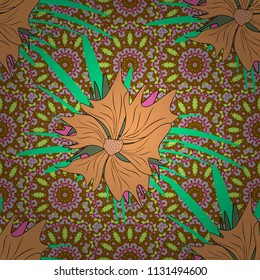 Vector sketch ready for contemporary flat design for poster, invitation, post card, textile design in orange, green and brown colors. Abstract floral elements seamless pattern.