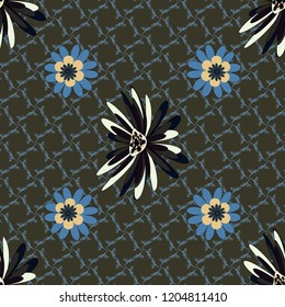 Vector sketch ready for contemporary flat design for poster, invitation, post card, textile design in green, blue and black colors. Abstract floral elements seamless pattern.