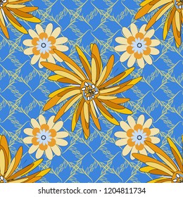 Vector sketch ready for contemporary flat design for poster, invitation, post card, textile design in beige, blue and yellow colors. Abstract floral elements seamless pattern.