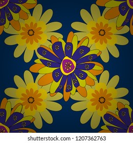 Vector sketch ready for contemporary flat design for poster, invitation, post card, textile design in violet, yellow and blue colors. Abstract floral elements seamless pattern.