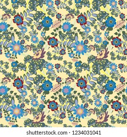 Vector sketch ready for contemporary flat design for poster, invitation, post card, textile design in green, blue and beige colors. Abstract floral elements seamless pattern.