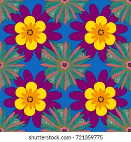 Vector sketch ready for contemporary flat design for poster, invitation, post card, textile design in purple, yellow and blue colors. Abstract floral elements seamless pattern.