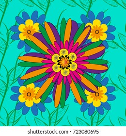 Vector sketch ready for contemporary flat design for poster, invitation, post card, textile design in blue, yellow and green colors. Abstract floral elements seamless pattern.