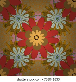 Vector sketch ready for contemporary flat design for poster, invitation, post card, textile design in orange, brown and yellow colors. Abstract floral elements seamless pattern.
