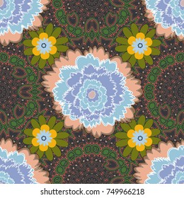 Vector sketch ready for contemporary flat design for poster, invitation, post card, textile design in blue, brown and gray colors. Abstract floral elements seamless pattern.