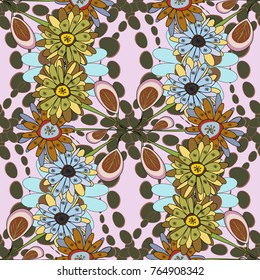 Vector sketch ready for contemporary flat design for poster, invitation, post card, textile design in green, blue and violet colors. Abstract floral elements seamless pattern.