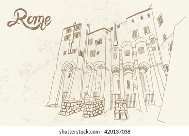 vector sketch of rear view of Teatro di Marcello. Theatre of Marcellus.