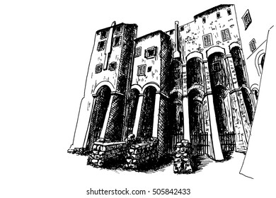 vector sketch of rear view of Teatro di Marcello. Theatre of Marcellus.