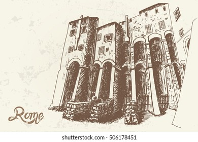 vector sketch of rear view of Teatro di Marcello. Theatre of Marcellus.Retro style.