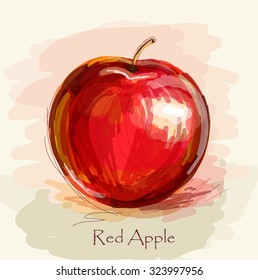 Vector sketch of red apple in watercolor technique