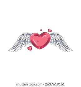 Vector sketch of red heart with wings, hand engraved illustration. Valentine's Day. Logo, tattoo, sticker. Symbol of love, romance. Vintage decoration. Isolated icon.