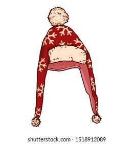 Vector Sketch Red Winter Hat. Christmas Earflaps Headwear.