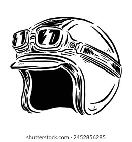 vector sketch of retro motorbike riding head protection with goggles attached to the helmet