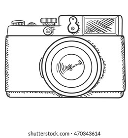 Vector Sketch Retro Photo Camera. Front View.