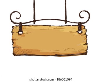 Vector sketch retro sign board wooden hanging on steel decoration