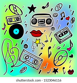 Esbozo vectorial en estilo retro. Grabador de cintas, discos y cassettes.