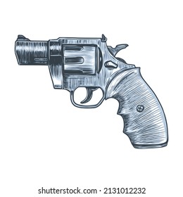 Vektorskizze eines Revolvers. Seitenansicht. Pistolenzeichnung einzeln auf weißem Hintergrund.