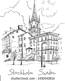Vector sketch of Riddarholmen, Gamla Stan, in the Old Town in Stockholm, the capital of Sweden