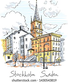 Vector sketch of Riddarholmen, Gamla Stan, in the Old Town in Stockholm, the capital of Sweden