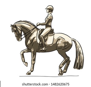 Vector sketch of a rider and horse execute the piaffe.
