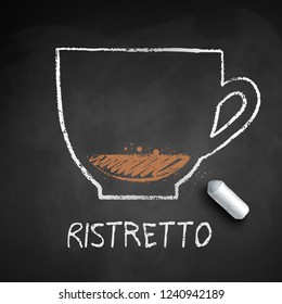 Vector sketch of Ristretto coffee with piece of chalk on chalkboard background.
