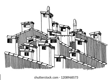 Vector sketch of roofs and chimneys. 