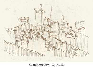 Vector sketch of roofs and chimneys. Retro style.