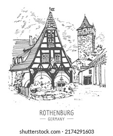 Vector sketch of Rothenburg ob der Tauber, Bavaria, Germany. Hand drawing. Urban sketch in black color on white background. Medieval building line art. Freehand drawing. Hand drawn travel postcard. 