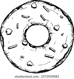 Vector sketch of a round donut with icing and sprinkles in the shape of a heart. Hand drawn with a liner, perfect for Valentine s Day designs, menus, packaging and branding. Romantic and sweet vibes